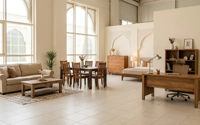 Professional used furniture collection in Abu Dhabi — sofas, dining sets, bedroom furniture, and office desks